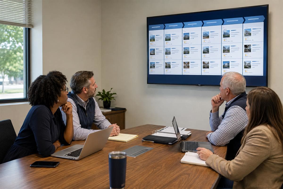 Four colleagues in a conference room reviewing a pipeline board of listings on a wall display.