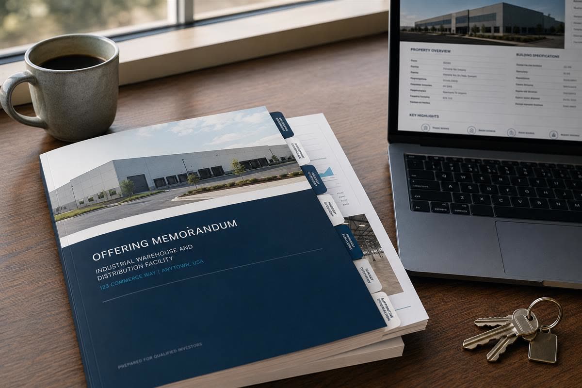 A printed offering memorandum with tabbed sections on a desk beside a laptop showing the same property record.