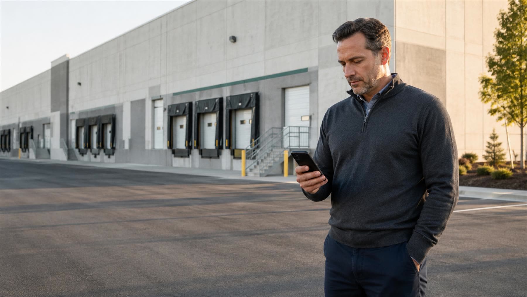 A broker checking a listing on his phone outside an industrial distribution building at dawn.