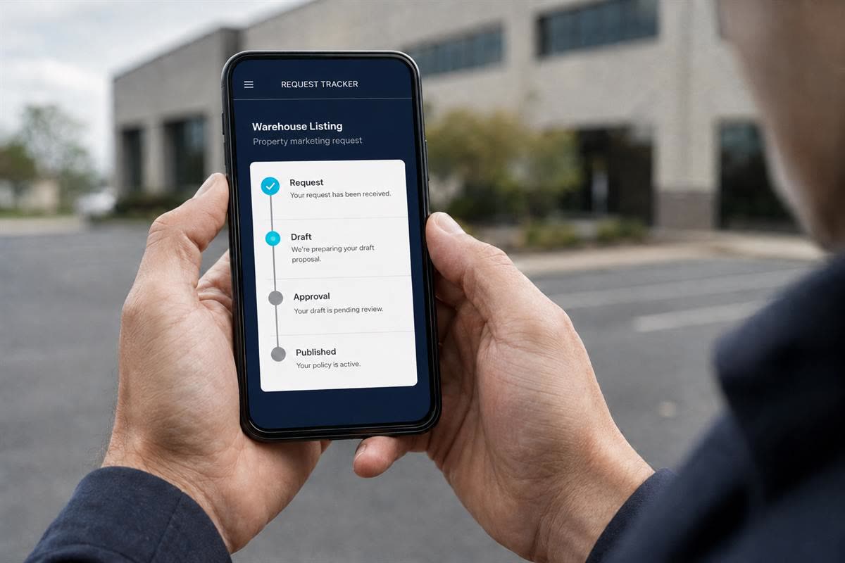 A client checking the progress of their listing request on a phone, showing four stages with the second one in progress.