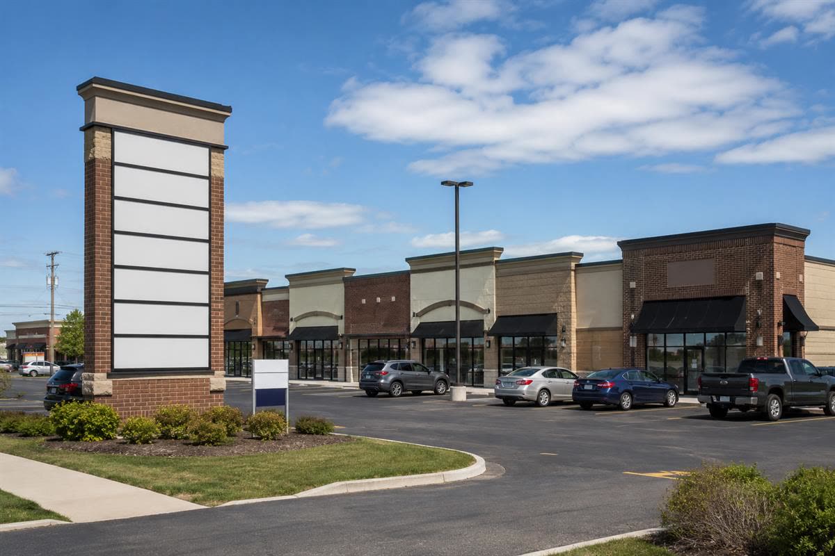 A newly built multi-tenant retail strip centre with a pylon sign and parking.